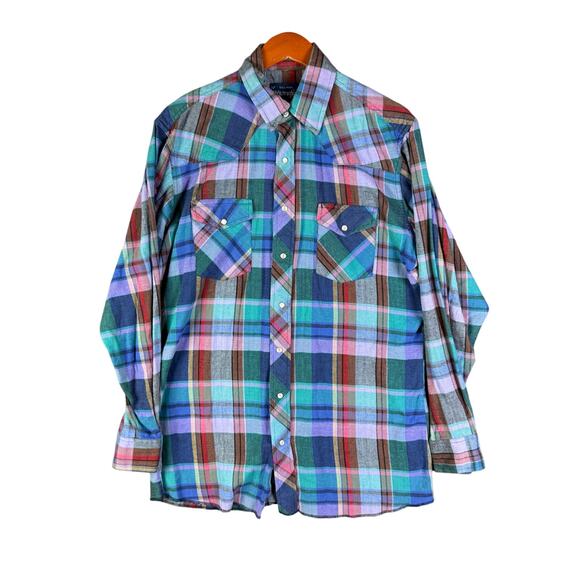 Wrangler Tall Man Pearl Snap Plaid Flannel Pearl Snap Rockabilly Shirt‎ Mens XL - Picture 1 of 6